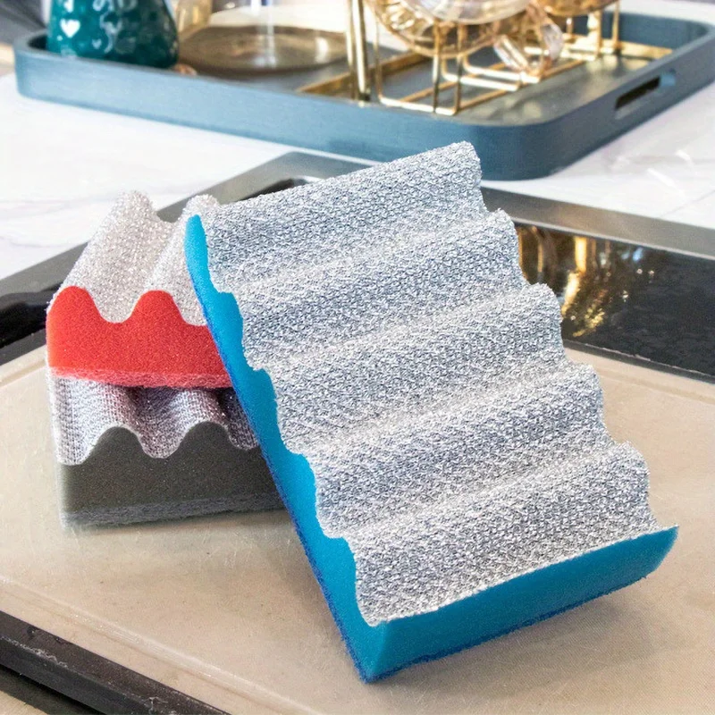 Wavy Edge Cleaning Sponges,Double-Sided Scrub Sponges with Scouring Pad,Heavy Duty Kitchen Sponges for Dishes,Household Cleaning