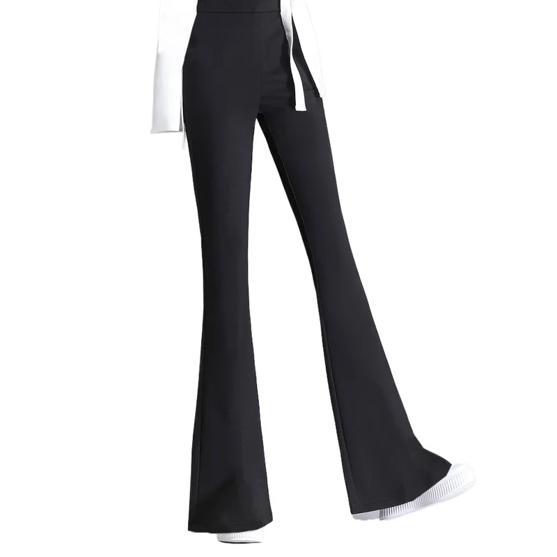 2025 Elegante elastische flare broek dames effen zwarte normale taille afslankende casual dagelijkse broek