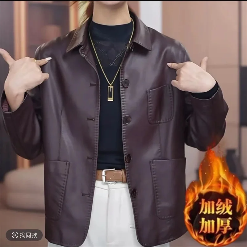 Korean Women Large Size 4XL Leather Coat 2025 Feminine Lapel Faux Leather Jacket Autumn Winter Ladies Fashion PU Leather Outwear