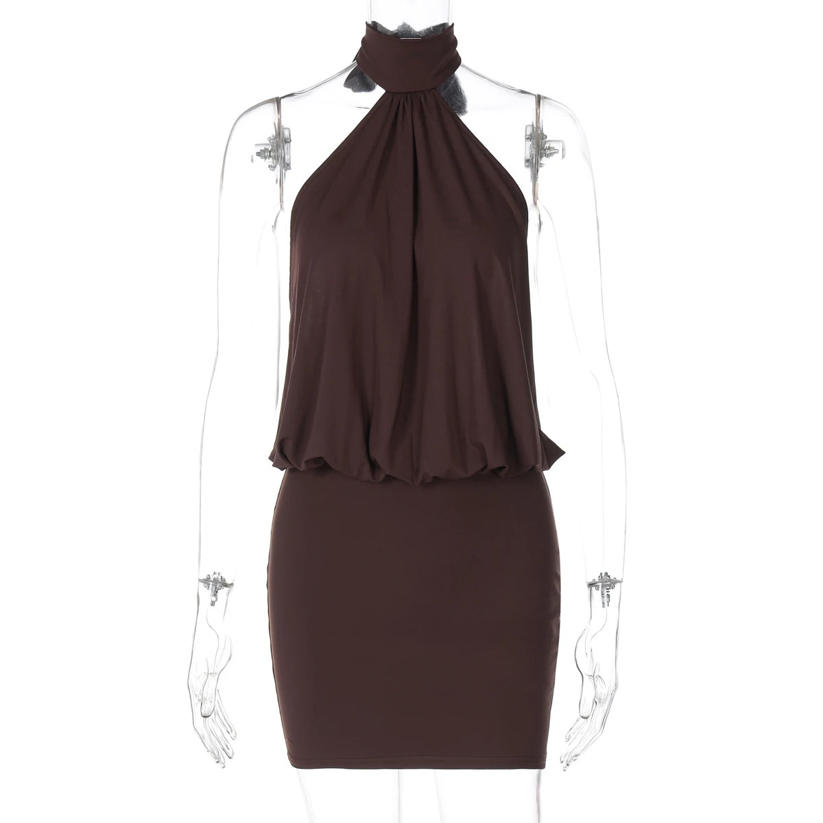 Sommermode Sexy Neckholder Ärmelloses Kleid mit Schnürung am Rücken, figurbetontes Minikleid, einfarbig, elegant, für Party, Club, Streetwear – Detail 40