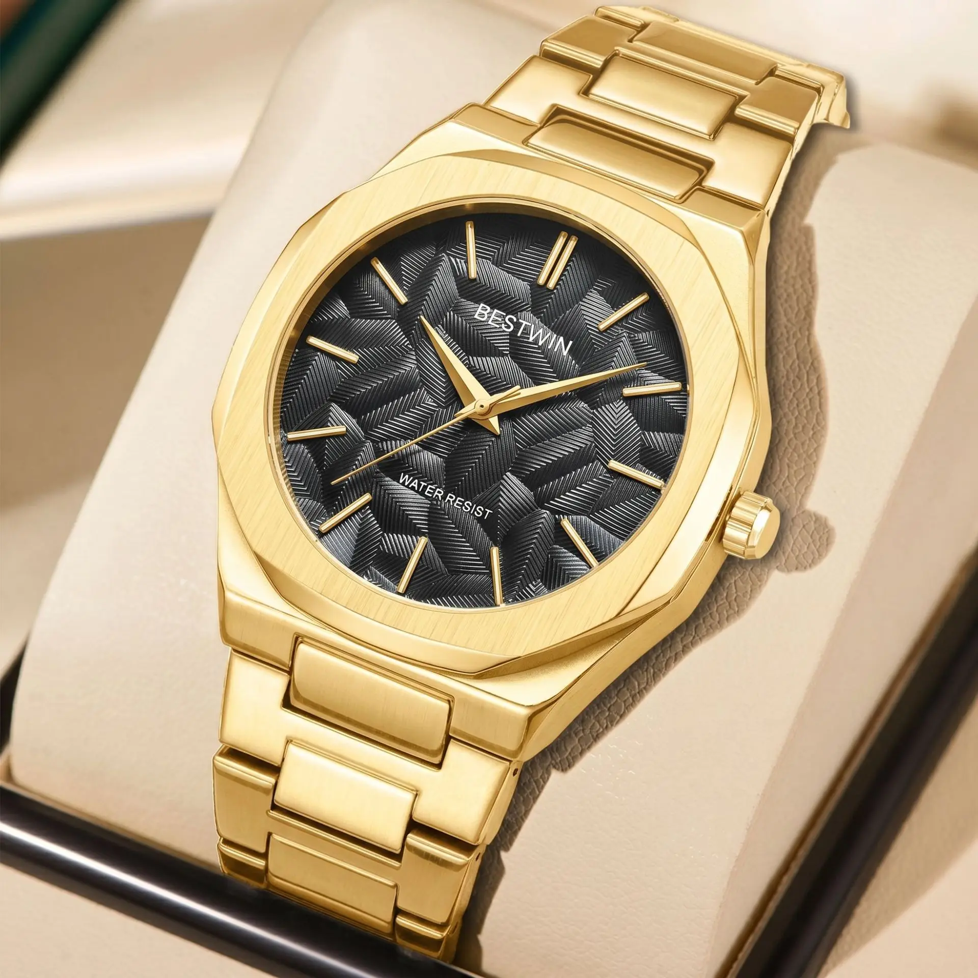 New Fashionable Business Men Round Watches With Embossed Leaves Featuring A Waterproof Quartz Wristwatches A Unique Surface
