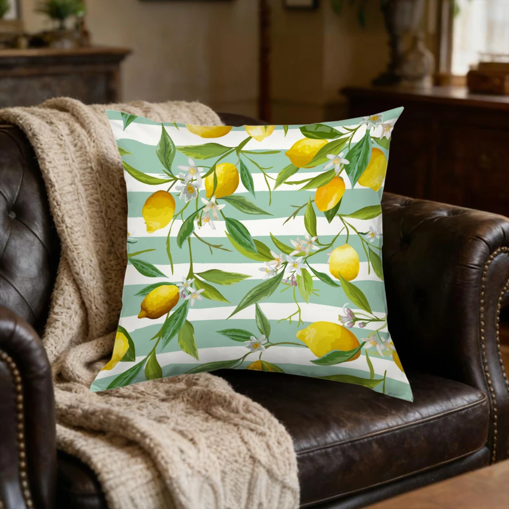 1pc Lemon Pattern Cushion Cover Green And White Striped Pillowcase For Sofa Bedroom Decorative Throw Pillow Case Home Decoration