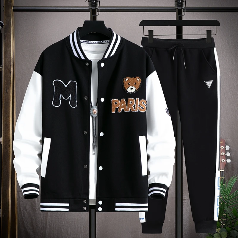 Men Sports Tracksuits Sets Hooded Baseball Uniform Set Spring Autumn Casual Loose Fit Couple Sportswear