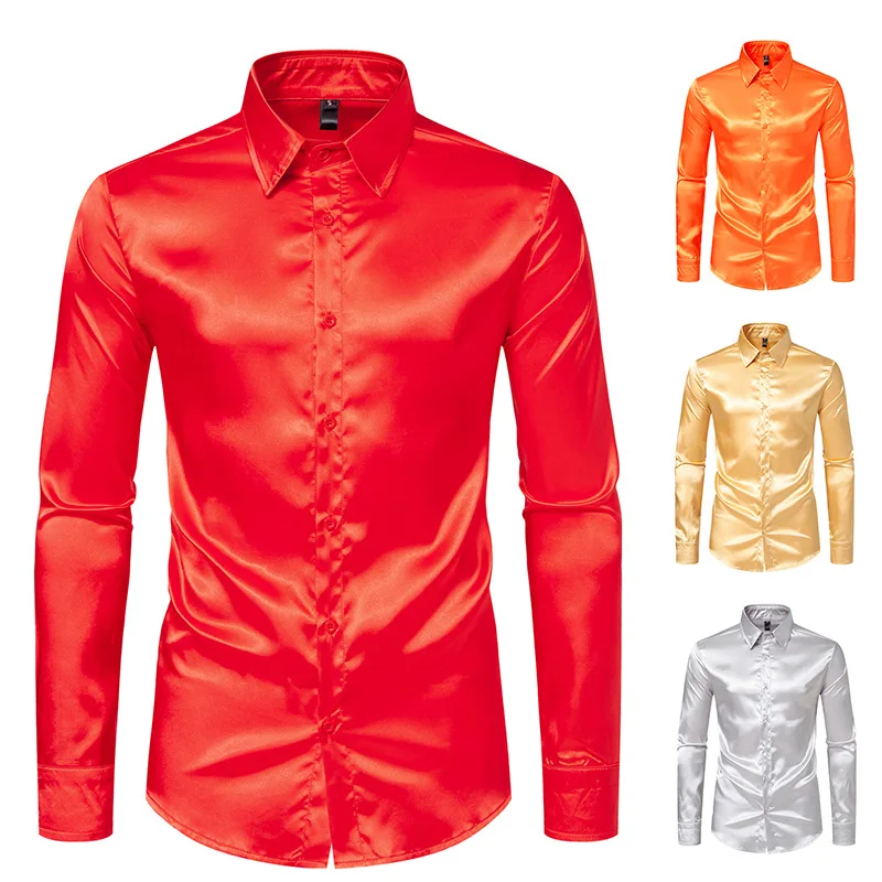 Spring and Autumn New Men's Satin Nightclub Solid Color Long Sleeve Shirt C30 Men Clothing  Shirt for Men