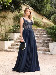 Navy Blue Chiffon Evening Dresses Elegant Appliques Spaghetti Straps Fish Bone Illusion Prom Formal Party Gown Vestido De Fiesta