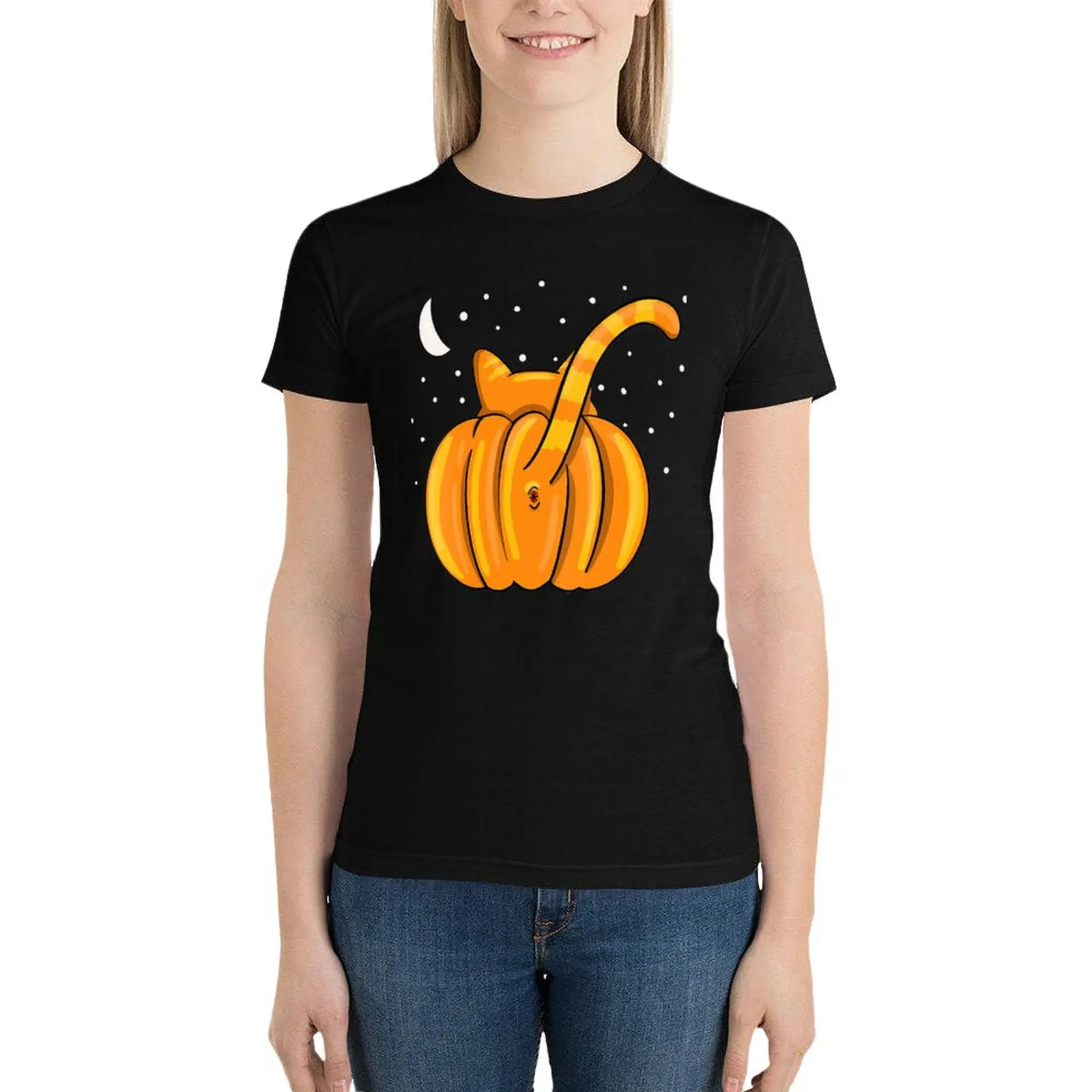 Womens Funny Halloween Cat Butt Pumpkin Orange Tabby T-Shirt cute clothes Blouse Female clothing kawaii clothes Woman T-shirts