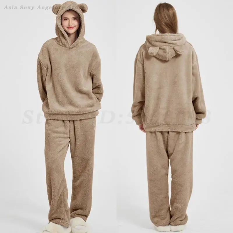 

Autumn Winter Female Pajamas Set Warm Coral Fleece Sleepwear Hooded Loose Thick Flannel Pijamas Suit Home Clothes Loungewear
