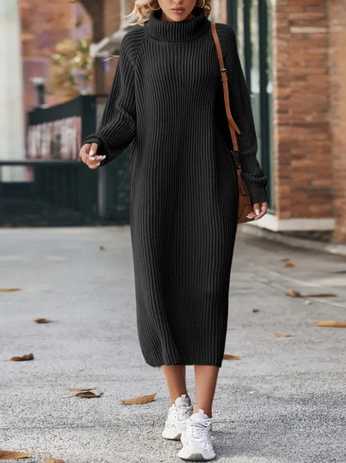 winter wool dress Winter New Women's Fashion Temperament Elegant Slim Fit Coat Long Woolen  Dress Loose Casual High Neck Knitted Dress