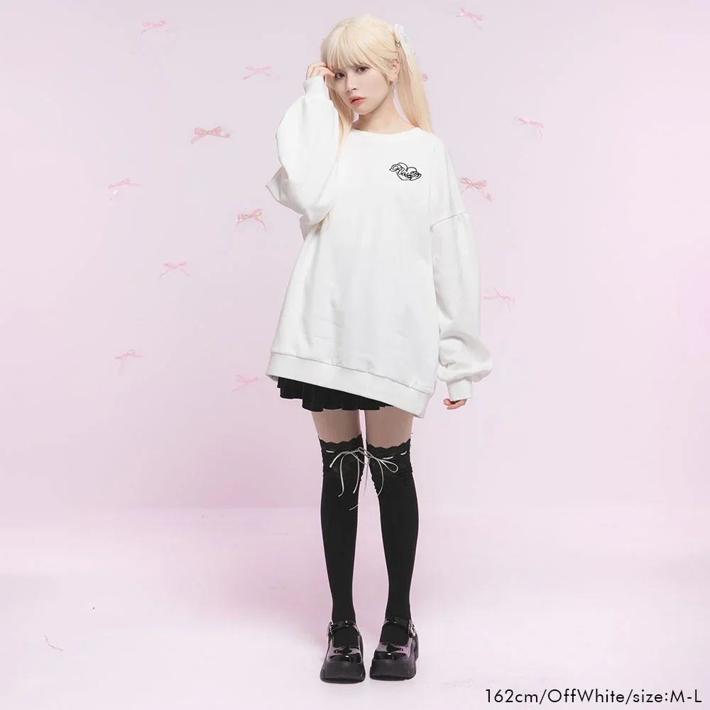 Japanese Sweet Cute Round Neck Long Sleeve Embroidery Loose Versatile Soild Color Oversized Pullover Sweatshirts Women Winter