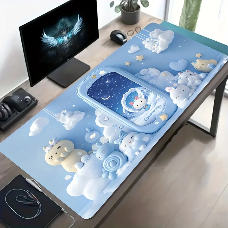Cute Bunny Cloud Gaming Mouse Pad Extra Large Non-Slip Rubber Desk Mat for Office Study Setup