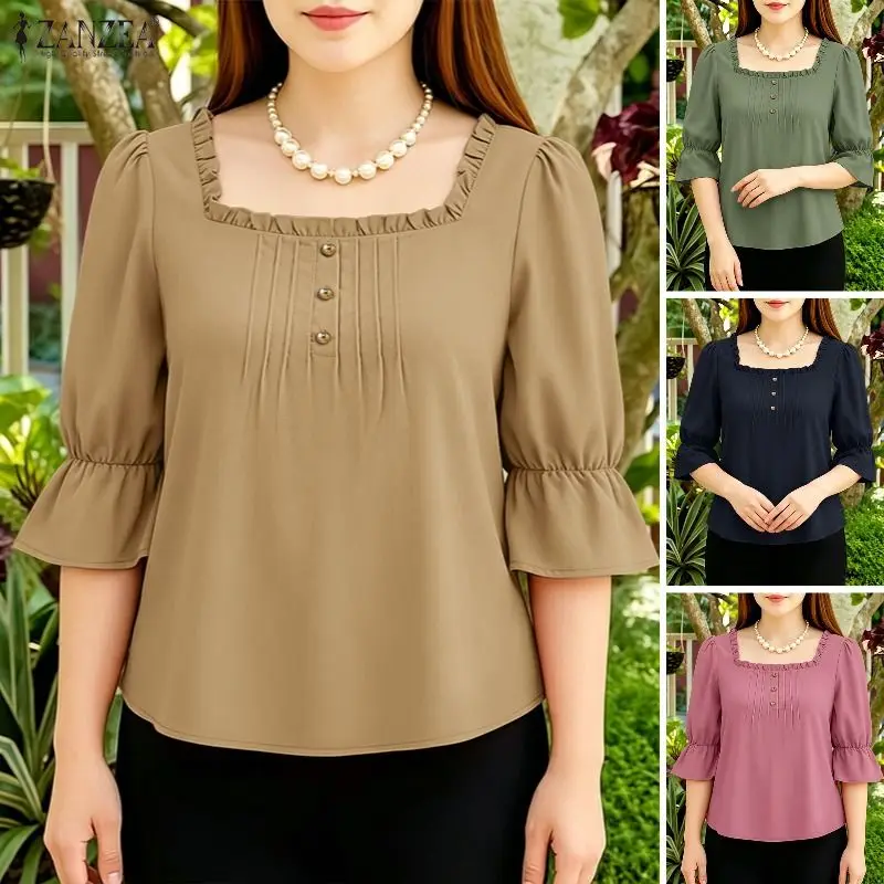 

Women Summer Blouse 2026 ZANZEA Stylish Elegant Ruffled Work Shirt Square Neck 3/4 Sleeve Tops Causal Solid Color Blusas Mujer