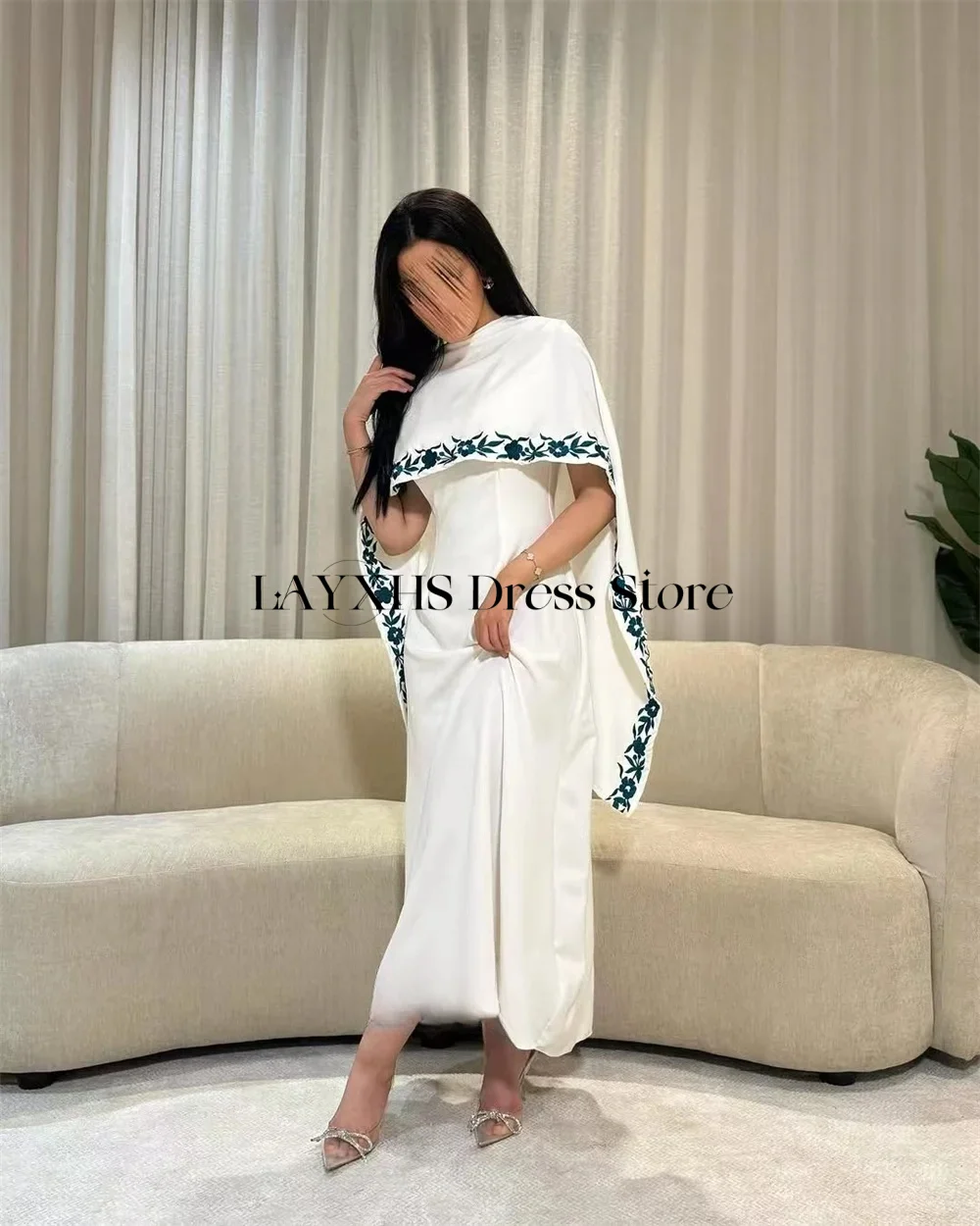 Customized Saudi Arabic Prom Dresses 2025 White Cape Flower Print Tea Length Summer Evening Dress Satin Dubai vestidos de fiesta