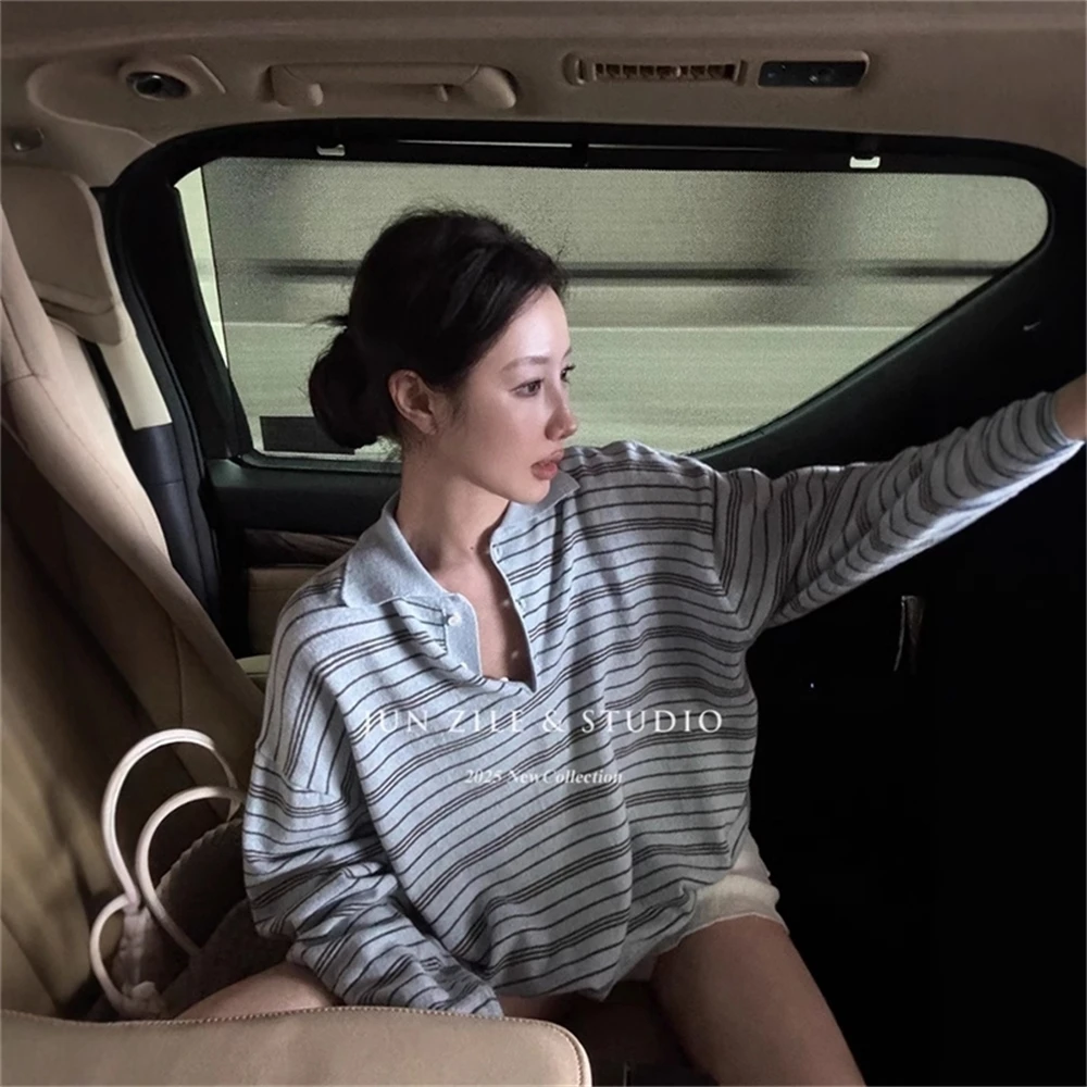 

Retro Preppy Stripe Polo Collar Knit Women Spring New Korean Loose Slimming Versatile Long Sleeve Loose Pullover Tops 2025