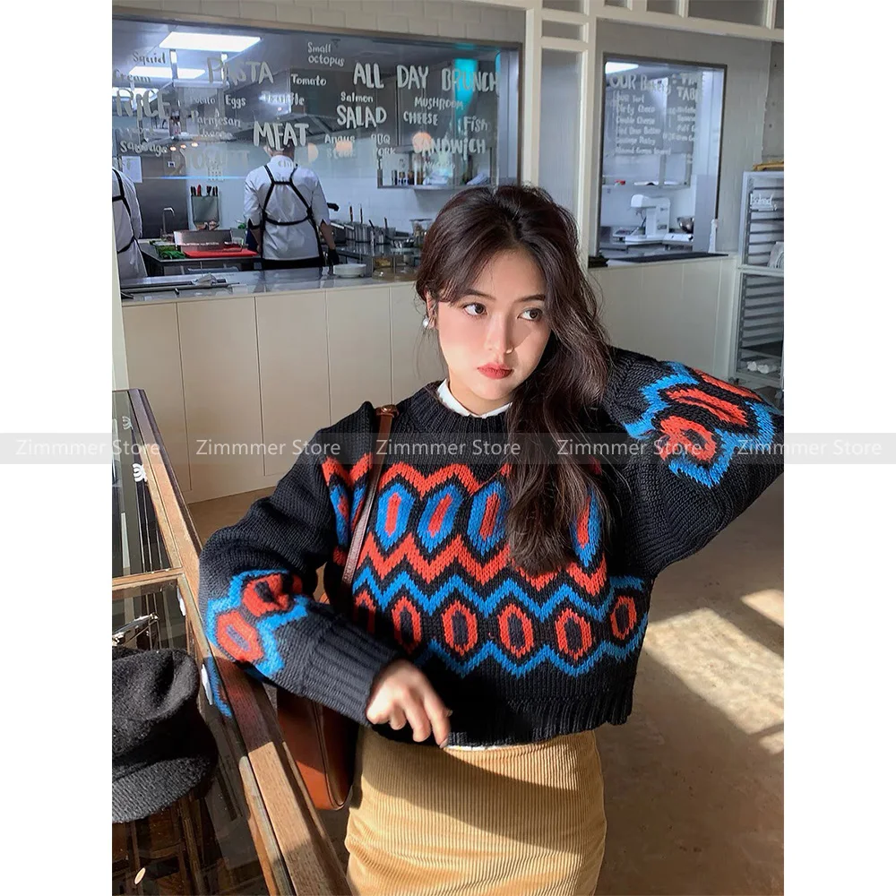 

Fashion women's clothing 2024 autumn and winter new niche jacquard pattern short knitted wool diamond pattern sweater