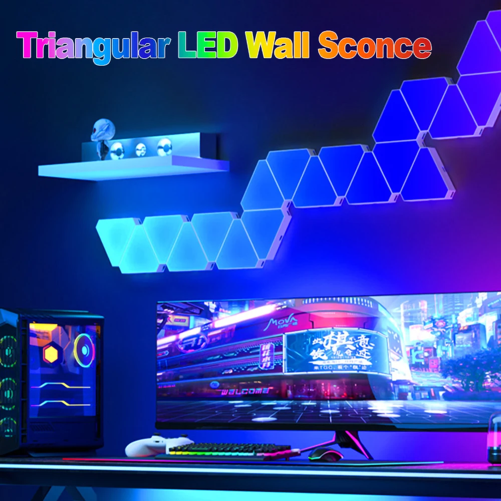 

USB DC5V LED Tuya App Triangular Quantum RGB Lamp Sound Activated Rhythm Atmosphere Light Bedroom Game Room Bedside Light WS2812