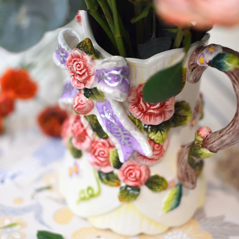 Furniture for small-sized apartments Ceramic rose vase water jar ornament wedding gift living room handmade underglaze color