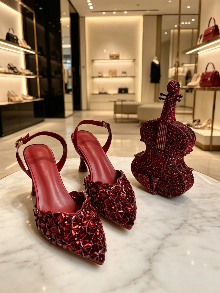 Elegant Red Rhinestone Slingback Heels & Matching Violin Clutch Set Women's Evening Runway Shoes Zapatilla De Lujo Mujeres Tacn