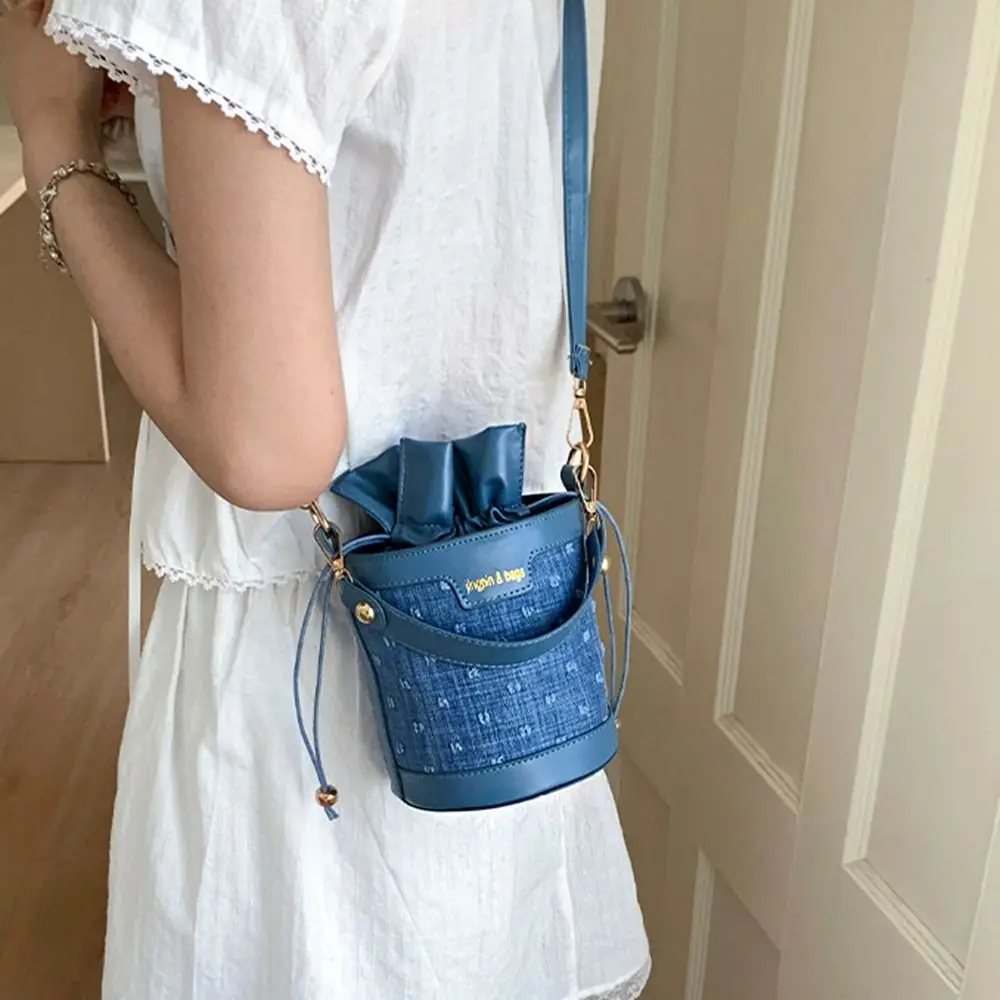 Korean Style Drawstring Bucket Bag Handbag Solid Color Vegetable Basket Bag Handheld Cylindrical Pu Shoulder Bag Outdoor