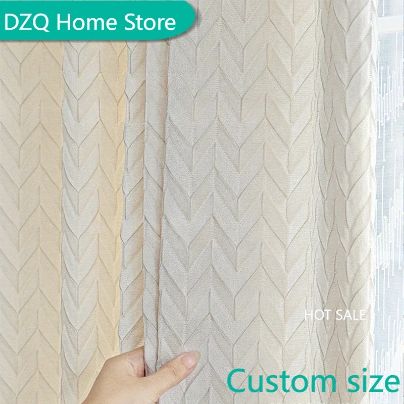 

French Cream Style Light Luxury Jacquard Curtain Three Dimensional V-shaped Relief Cream Light Blocking Curtain for Bedroom
