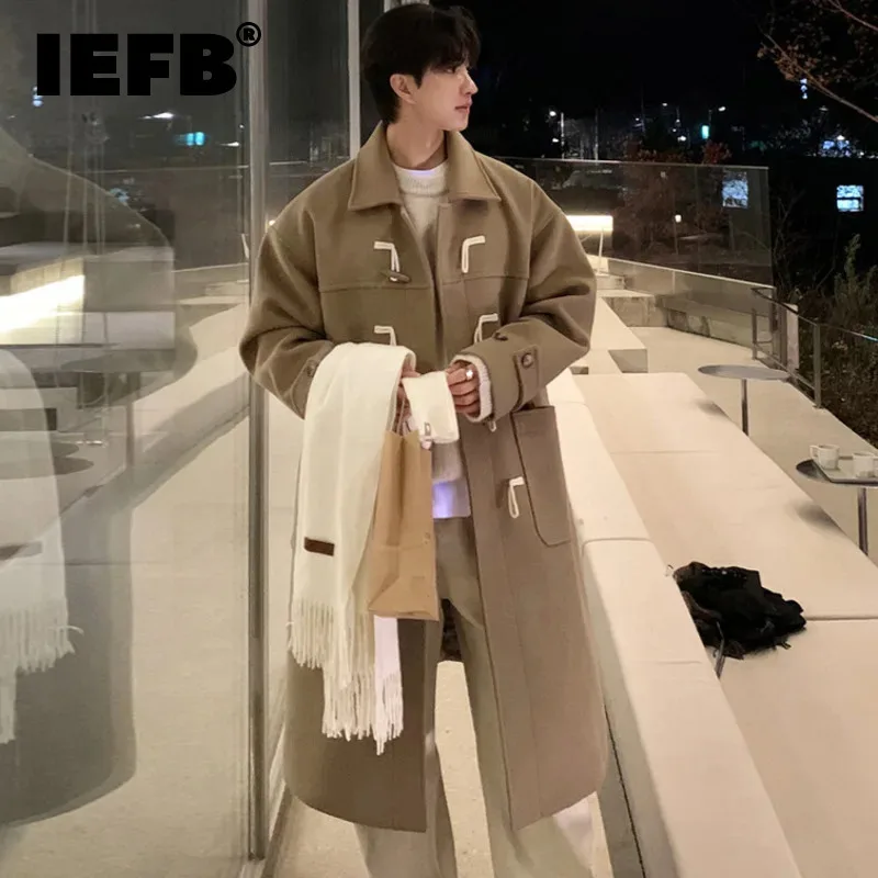 

IEFB Lapel Male Woolen Trench Causal Patchwork Solid Color Large Pockets Kont Button Men's Windbreaker Korean Trendy 2024 9C4827