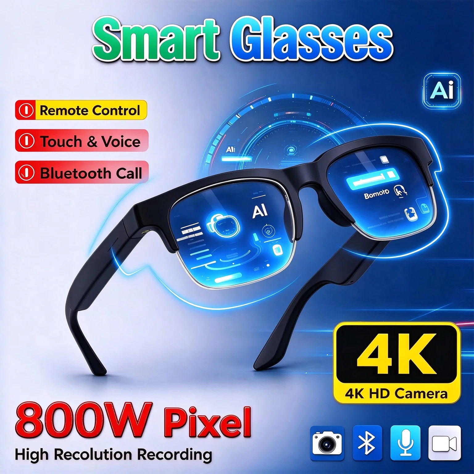 AI Smart Glasses Remote Control Touch Voice Assistant Translation Bluetooth Call Music Playback Video Recording Smart Sunglasses