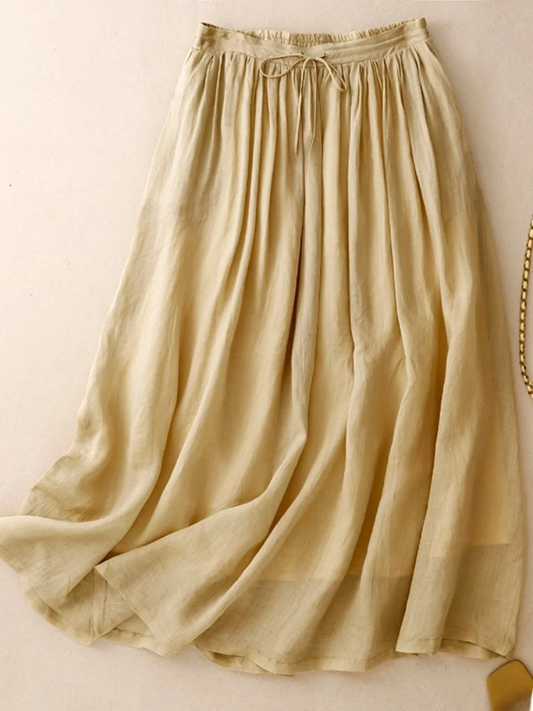 

Elegant Pure Color Lightweight Draped Cotton Lin Half Skirt Women Summer High Waist Belted A-Line Midi Skirt
