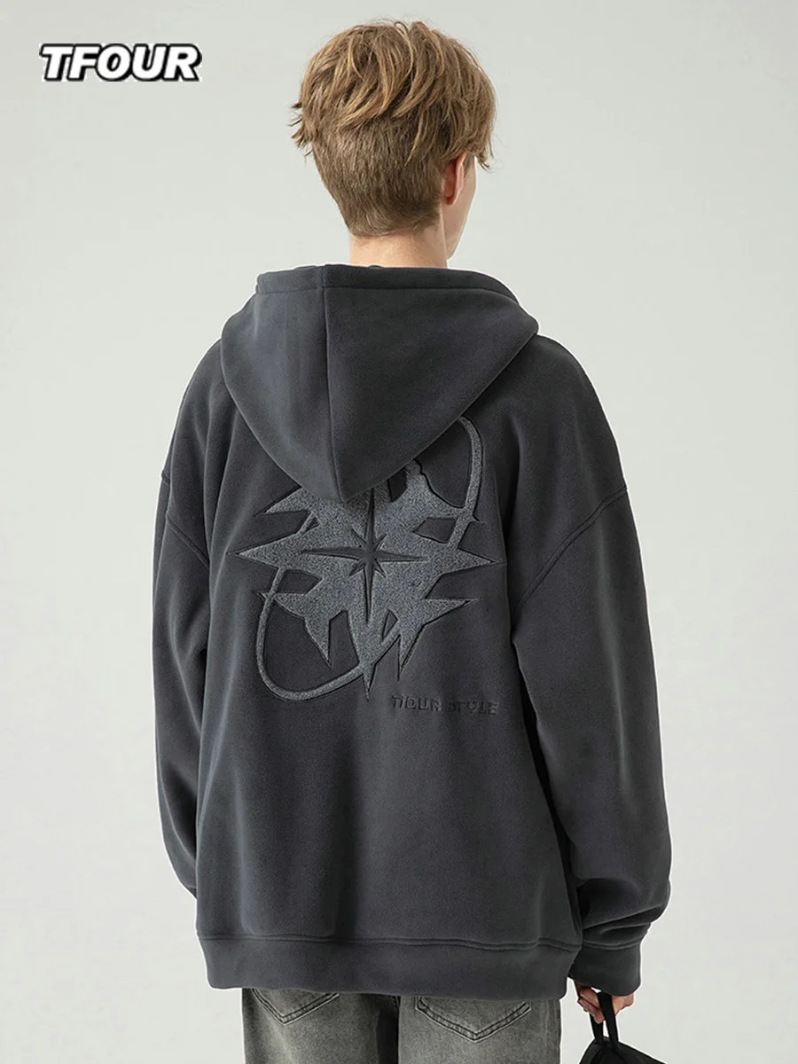 

Модная толстовка унисекс Tfour Eight-Pointed Star на молнии, весна-осень, свободный крой, утепленная, плотная, в американском повседневном стиле