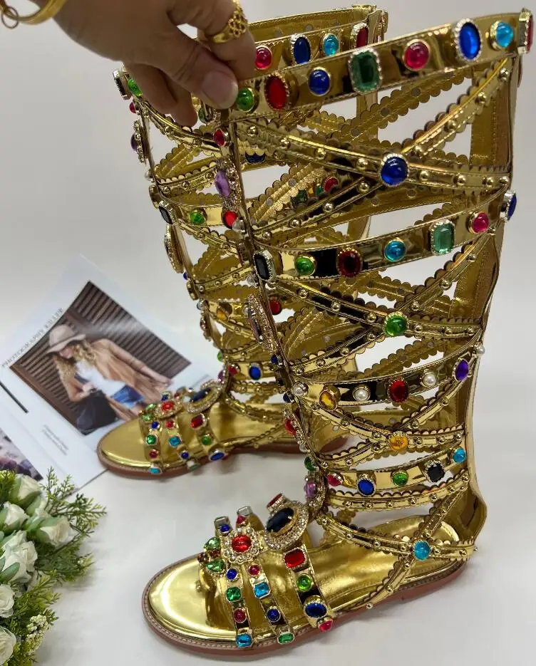 Gold Patent Leather Women Summer Sandal Boots Colorful Gemstone Decor Luxury Bling Bling Party Nightclub Saptos Mujer Sexy Shoe