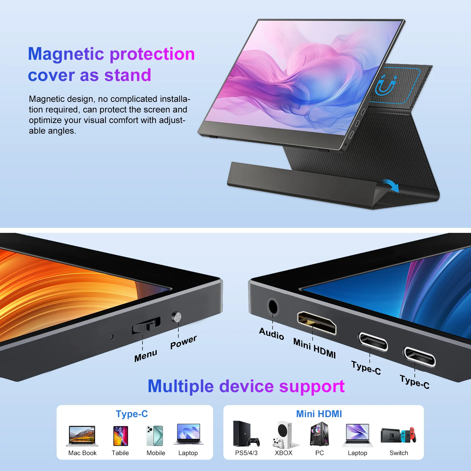 2.5K Portable Monitor 13.3” 2560x1600 External Display 16:10 Second Monitor Screen Type-C HDMI for Xbox Switch PS Phone