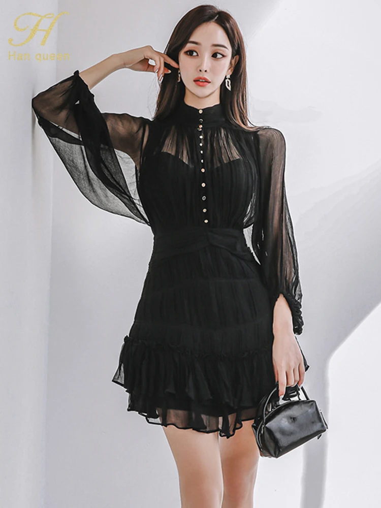 H Han Queen 2024 Spring New In Dresses Elegant And Pretty Vintage Black Short Dress Women Simple Chiffon Casual Party Vestidos