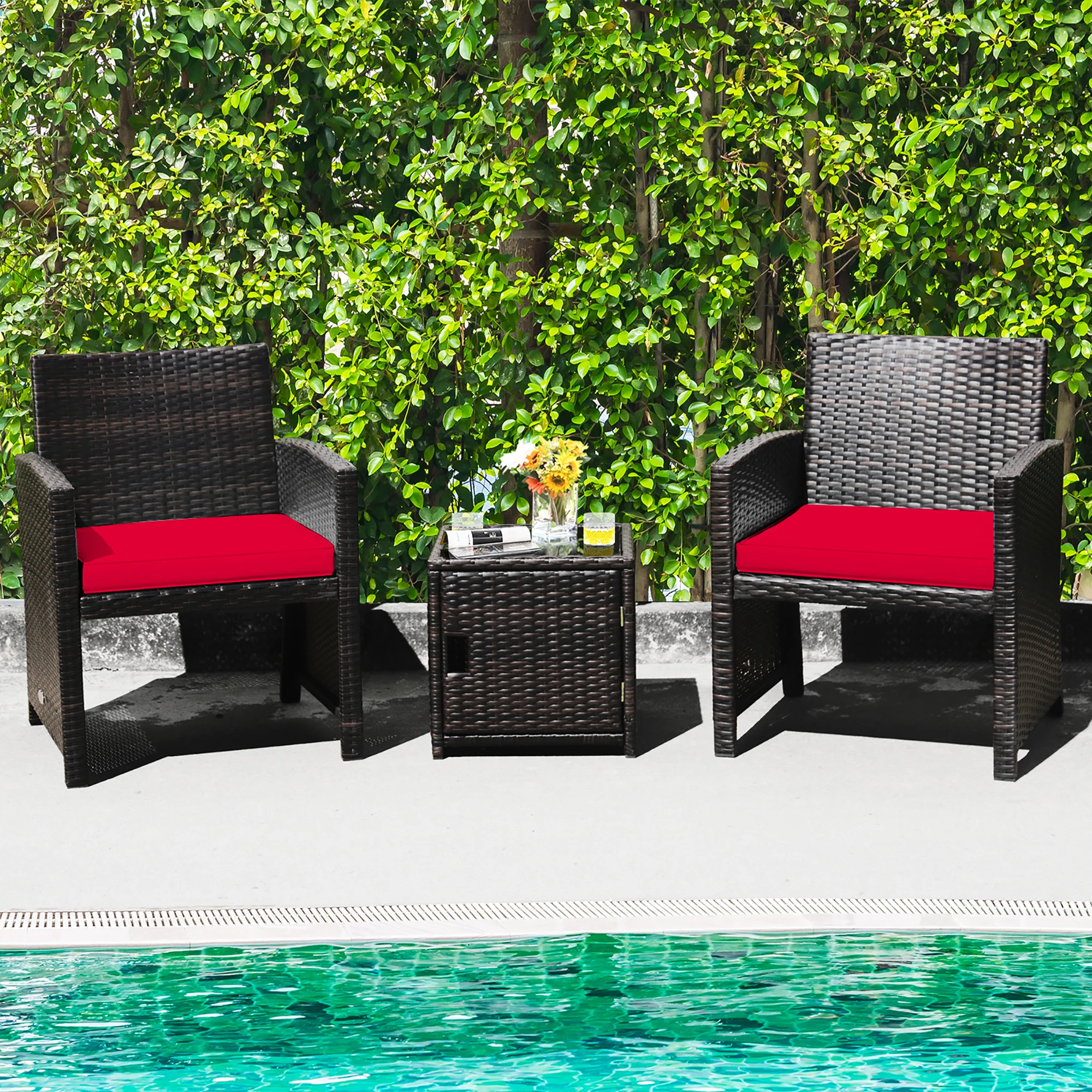 

3PCS Patio Wicker Furniture Set Storage Table W/Protect Cover Red