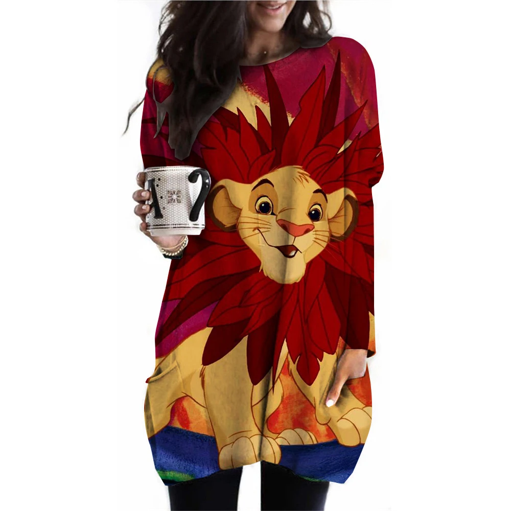 Vintage Disney Lion King Simba Print T-Shirt, Women's Long Sleeve Top, Versatile Women's T-Shirt Dress