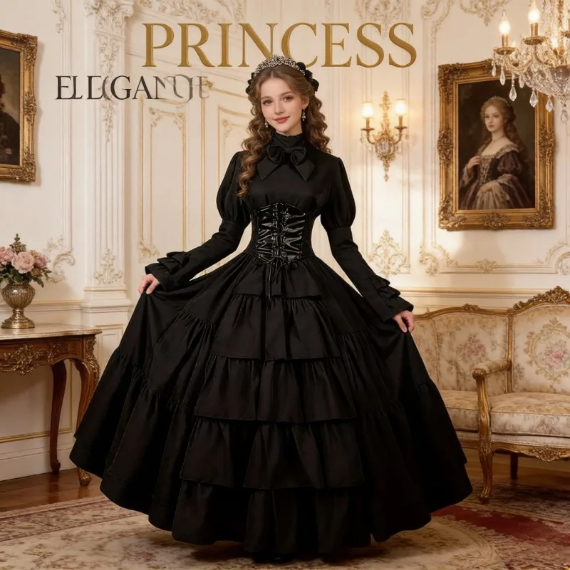 

Black Women Medieval Renaissance Dress S-2XL, Irish Long Gown with Waistband, Vintage Gothic Lolita Cosplay for Halloween Party