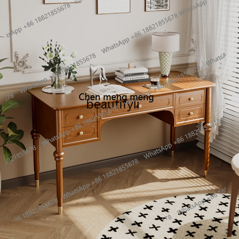 

French Style Antique Desk Bookshelf Integrated Solid Wood Retro Dressing Table Desk