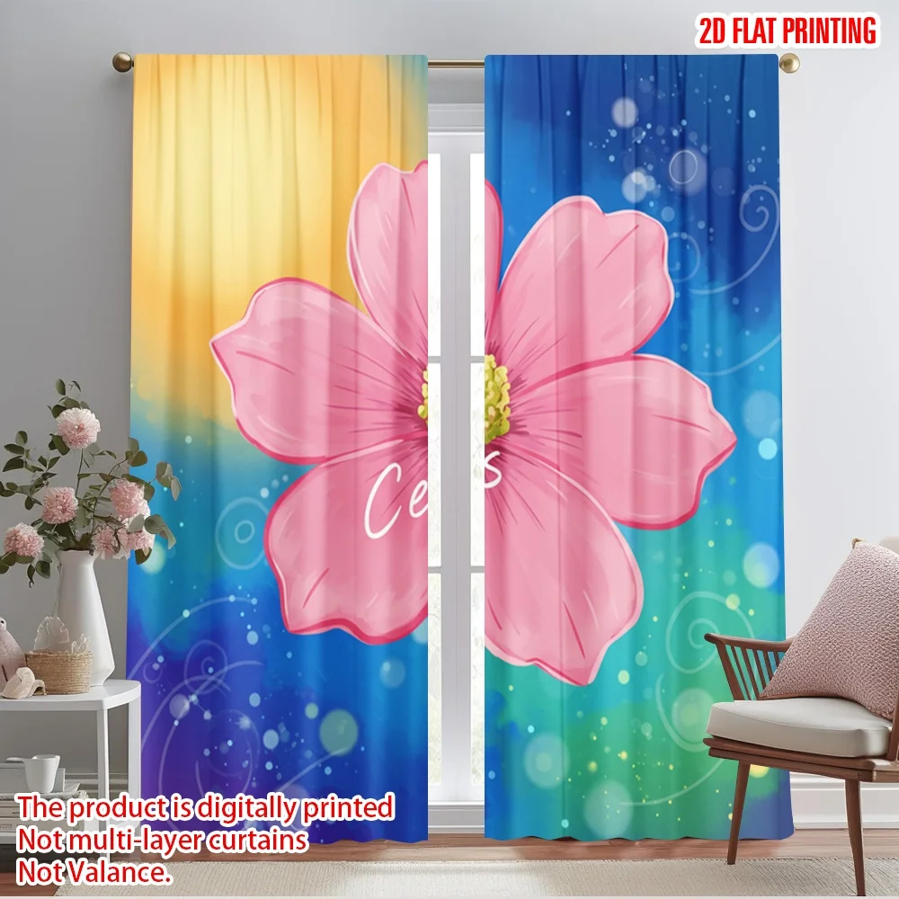 

2pcs 2D flat printing Curtains Pink Floral Watercolor 100% Polyester Without Electricity 0 Use for Holiday Family Portraits