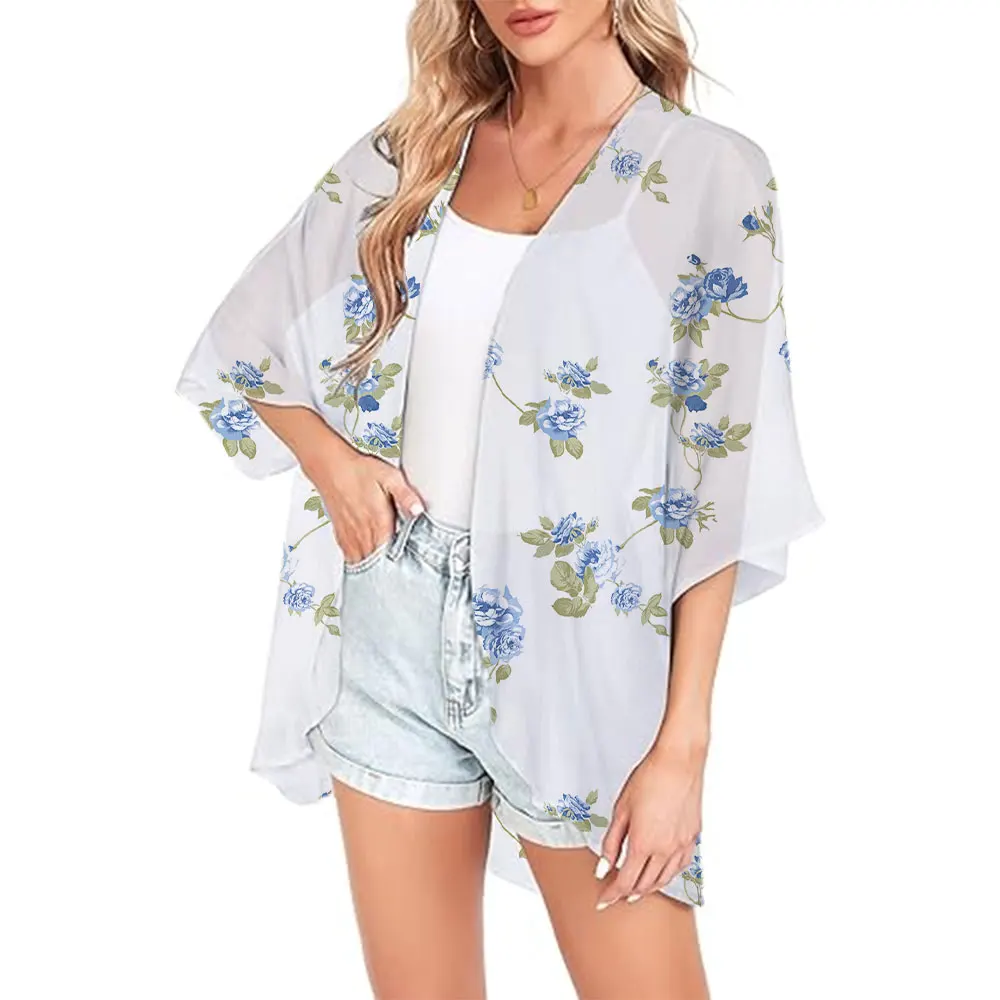 Open Front Tops Tee For Women Floral 3d Print Puff Sleeve Kimono Cardigan Chiffon Cover Up Loose Bohemian  Kimono Beach Swimwear