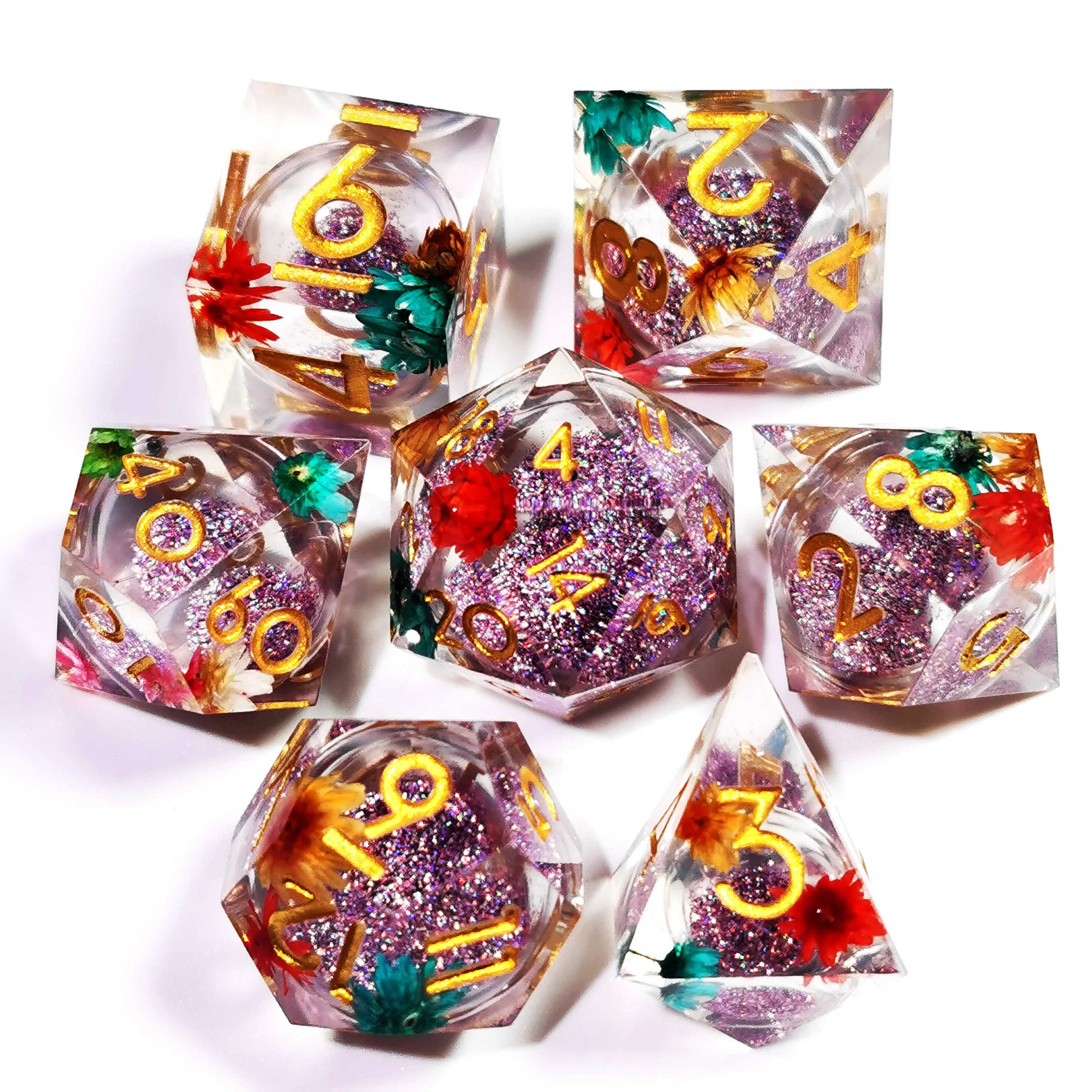 

DND Dice Set - Sharp Edge Resin Dice with Purple Glitter Sandstorm Effect, 7 Polyhedral Dice for D&D RPG Games