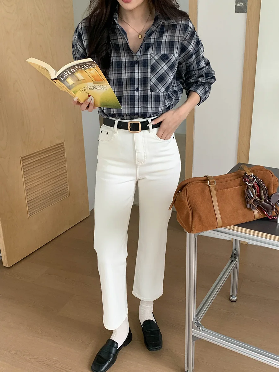 Pantalones vaqueros rectos ajustados de cintura alta para mujer pantalones blancos informales primavera otoño 2025 nueva llegada