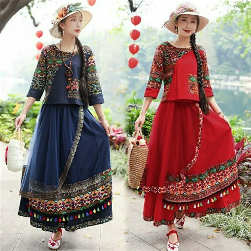 Ensemble deux pièces ethnique en coton et lin, T-shirt imprimé et jupe ter pour voyage, Photoaphy, Silhouette trapèze