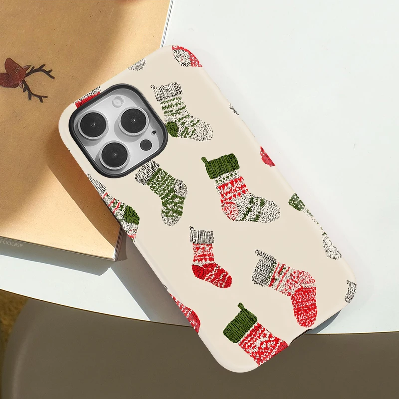 Fcicicase 크리스마스 양말 프린트 폰 케이스 아이폰 17 16 15 프로 맥스 12 13 14 플러스 11 프로 매트 마그네틱 마그세이프 커버