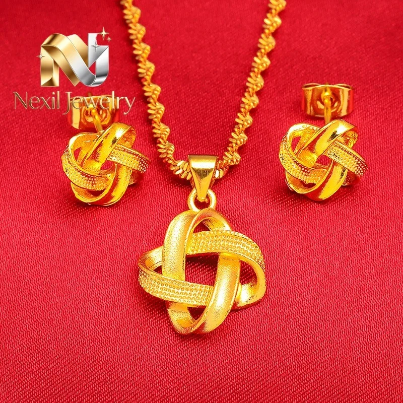 Nexil Jewelry  24K Gold AU999 Twist Earring-Necklace Set - Women's, 3D Double-Twist + Polished Gold, Matching Design, Luxury Fla