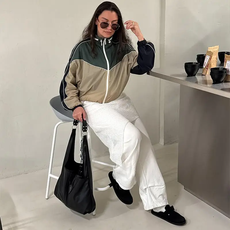 Damen-Hosen-Sets, getäfelte, langärmlige, übergroße Mäntel mit Kapuze, elastische Taille, weite Hosen, Herbst-Street-Damen-Outfits, neu – Detail 7
