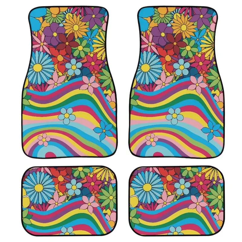 

Colorful Floral Pattern Car Floor Mats Comfort Short Plush Anti Skid All Weather Universal Fit 4pcs