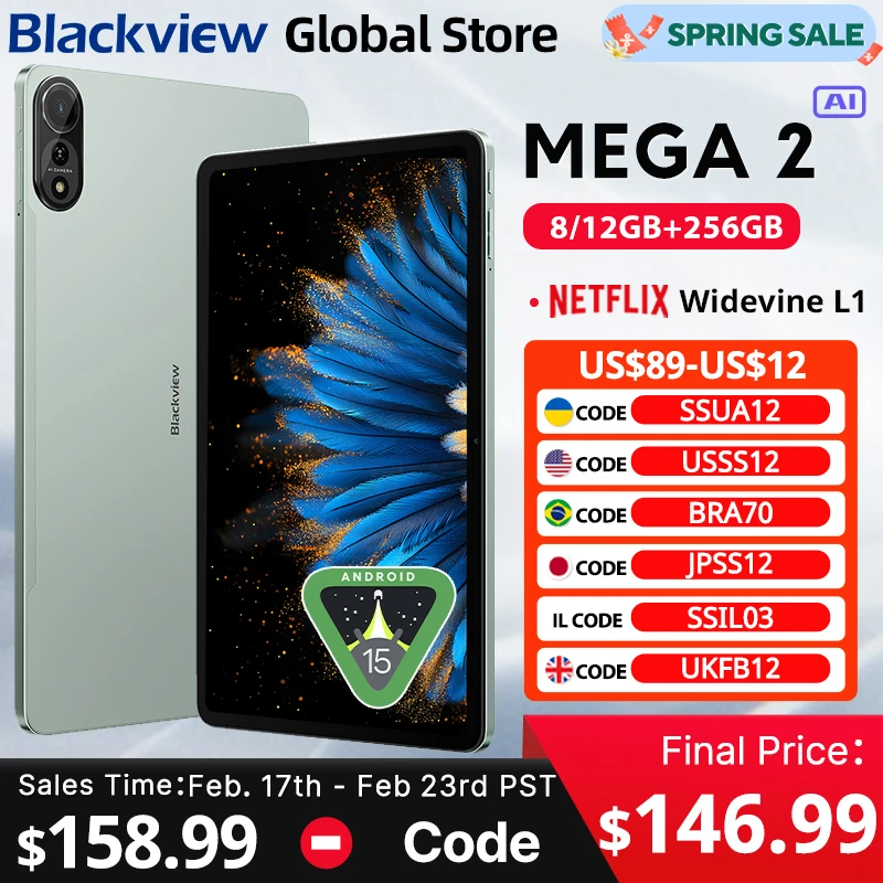 Blackview MEGA 2 Tablets 12 inch 2K Display Widevine L1 Android 15  24GB(8+16) 256GB 9000mAh Battery AI Main Camera Pad PC