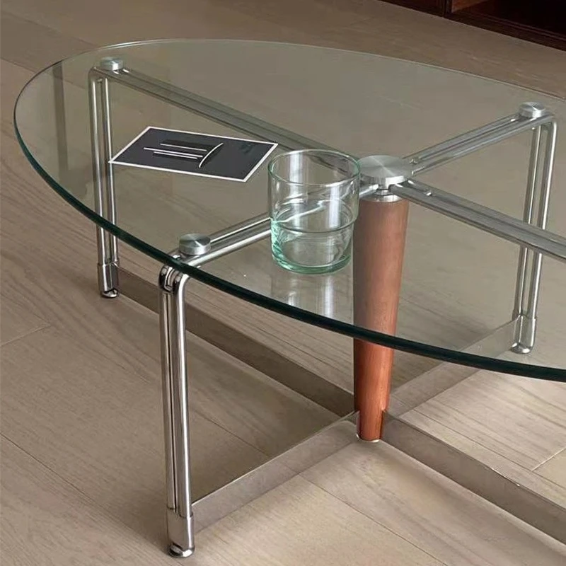 Korean stainless steel medieval light luxury glass coffee table simple oval