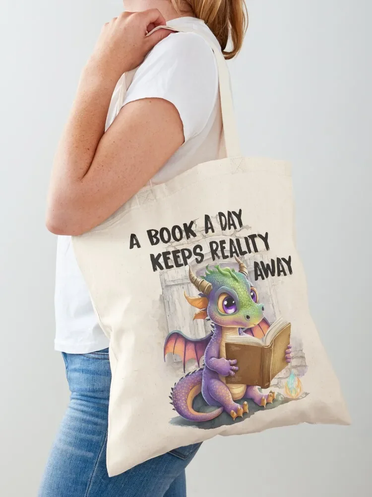 Cute Dragon A Book A Day Keeps Reality Away Tote Bag tote men Reusable bags