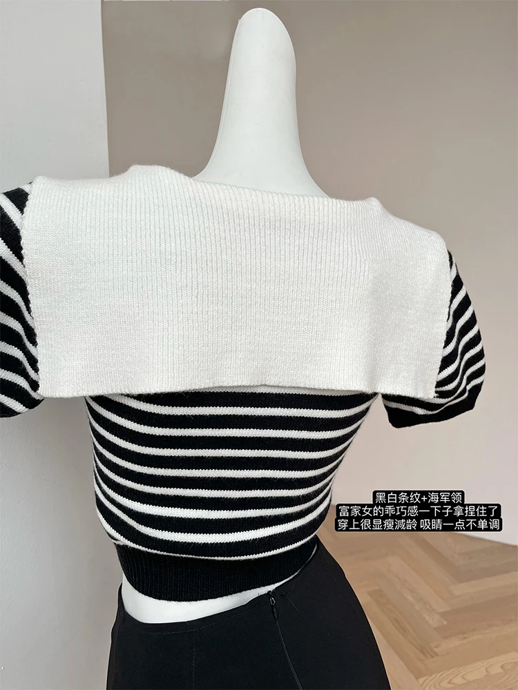 Summer Women Knit Striped Crop Top Gyaru Sailor Collar T-Shirts Old Money Tees Design Coquette Korean 2000s Aesthetic Vintage