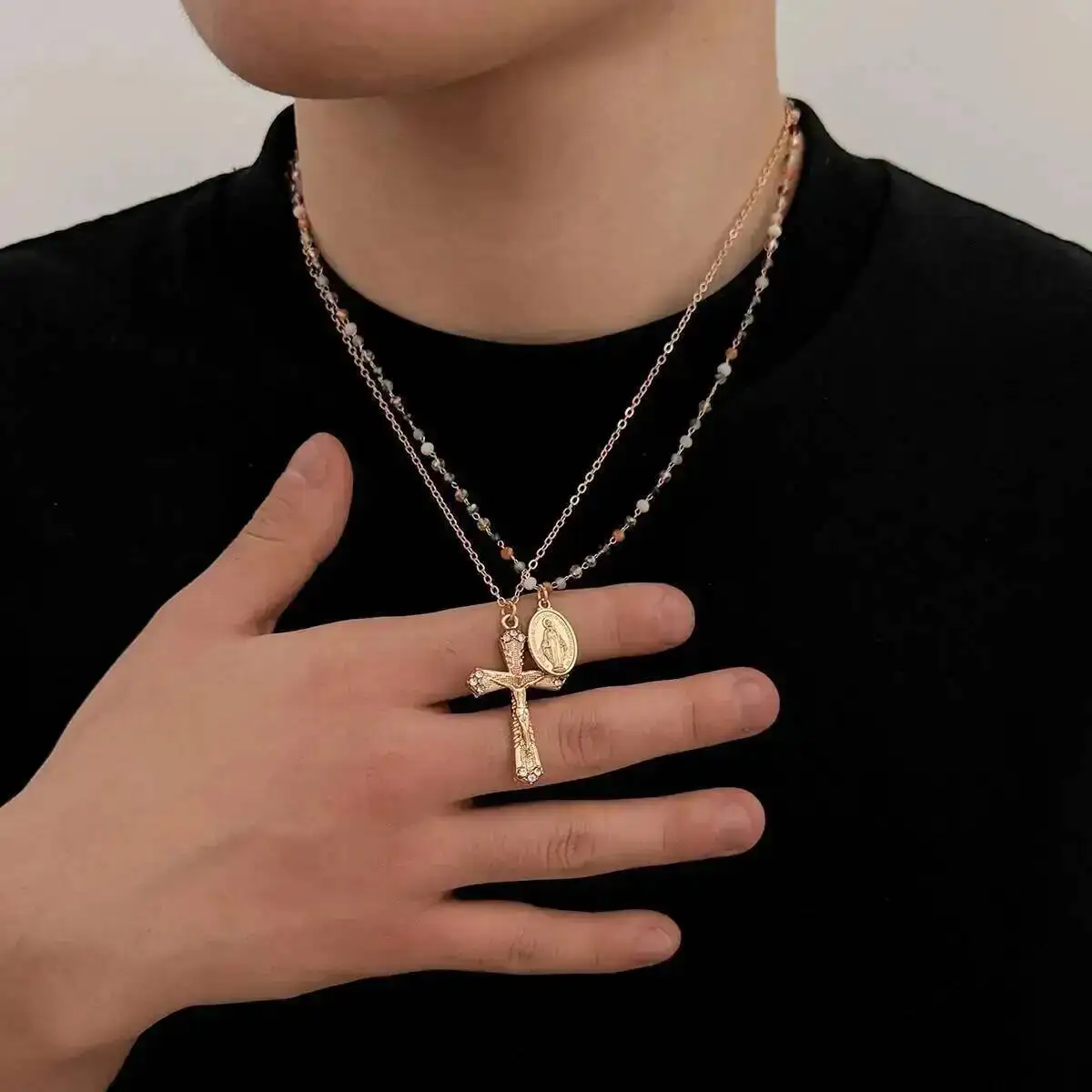 SHIXIN 2Pcs/Set Vintage Virgin Mary Cross Jesus Pendant Necklace for Men Hip-Hop Punk Gold Color Metal Adjustable Chain Jewelry