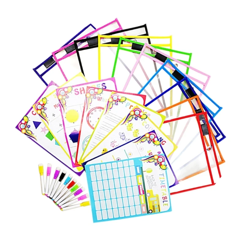 10 Pieces Plastic Worksheet Pocket with Marker, Pen Slot, for Classroom, School, Office, 10x13.77Inch