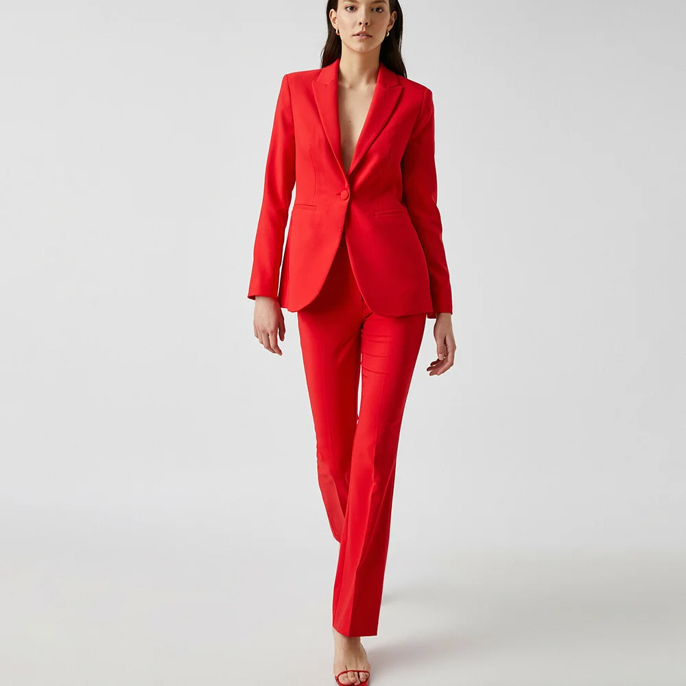 Professional Single Button Suits For Women 2 Piece Modish Energetic Notch Lapel Red Outfit Formal Business Activity Jacket Pants